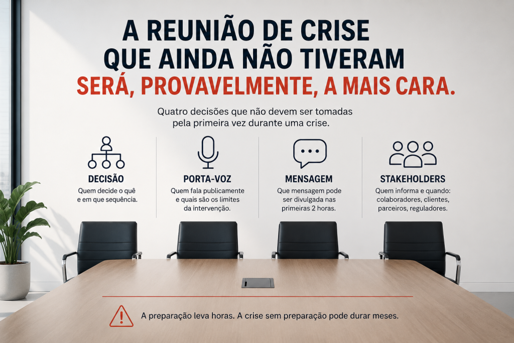 Sala de reuniões corporativa vazia com quatro lugares identificados para decisão, porta-voz, mensagem e stakeholders, representando a preparação de um plano de comunicação de crise.